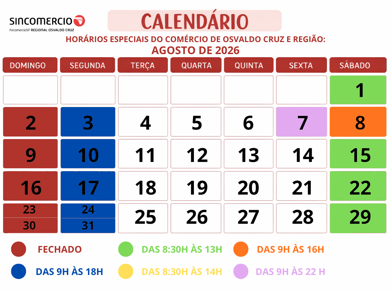 Confira os horários especiais do comércio de Osvaldo Cruz para o mês de Agosto de 2026: