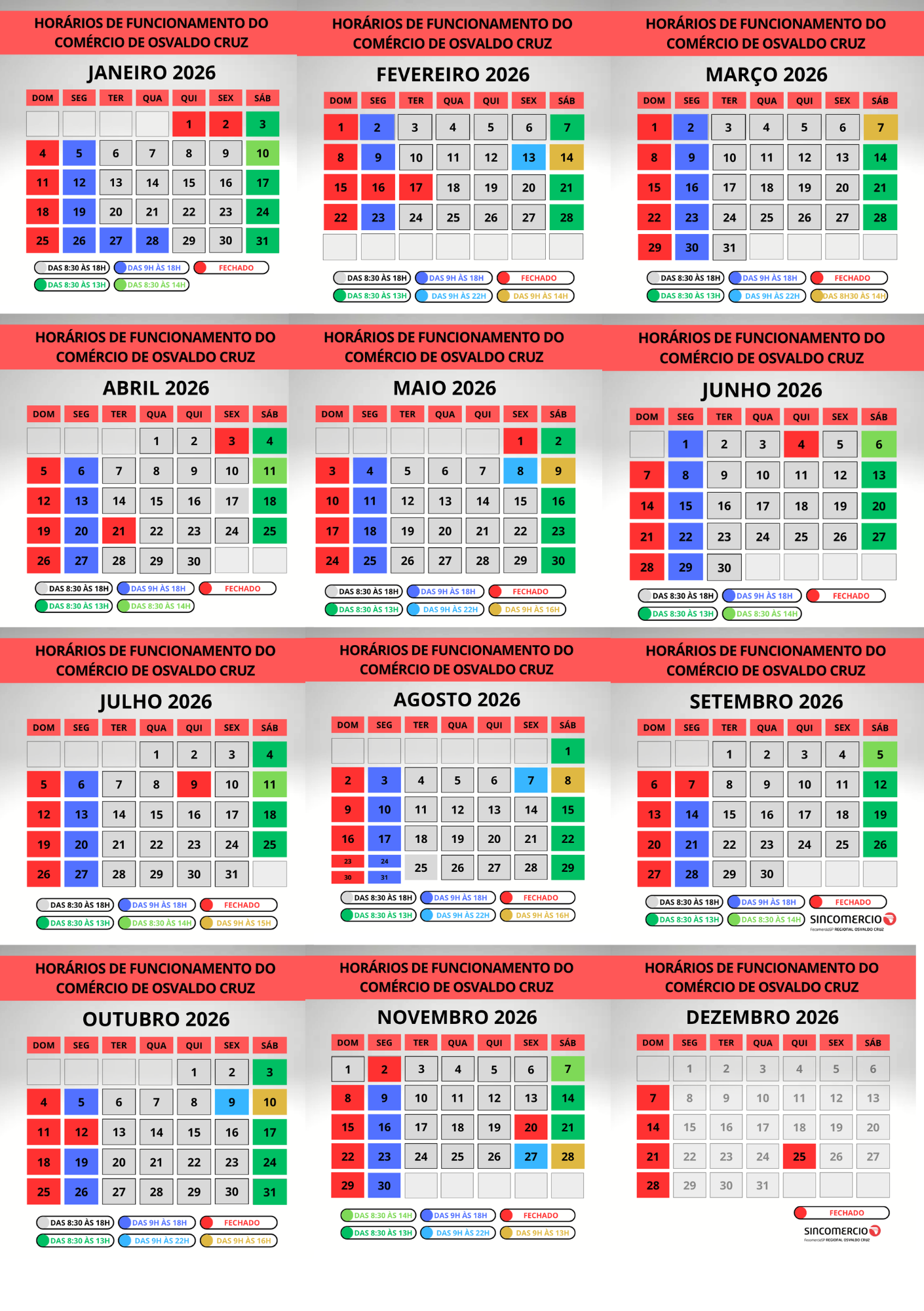 Calendário anual do comércio para 2026
